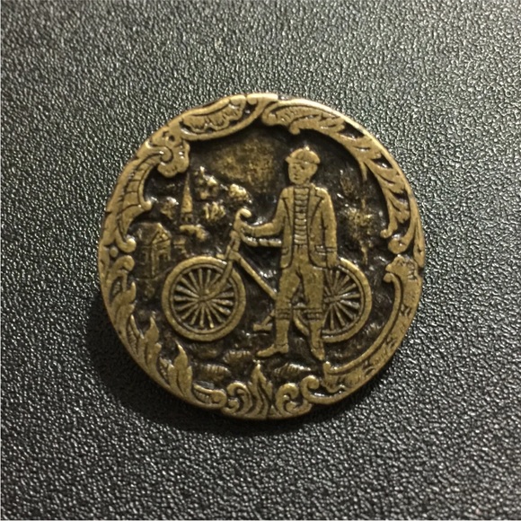 Unknown Other Vintage Brass Button Man Standing Next To Bicycle